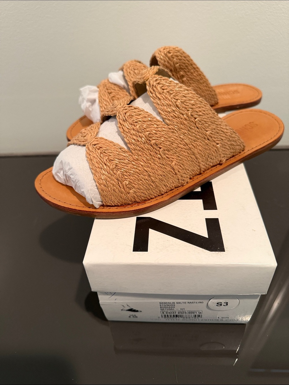 SCHUTZ Braided Raffia Slide Sandals in Tan